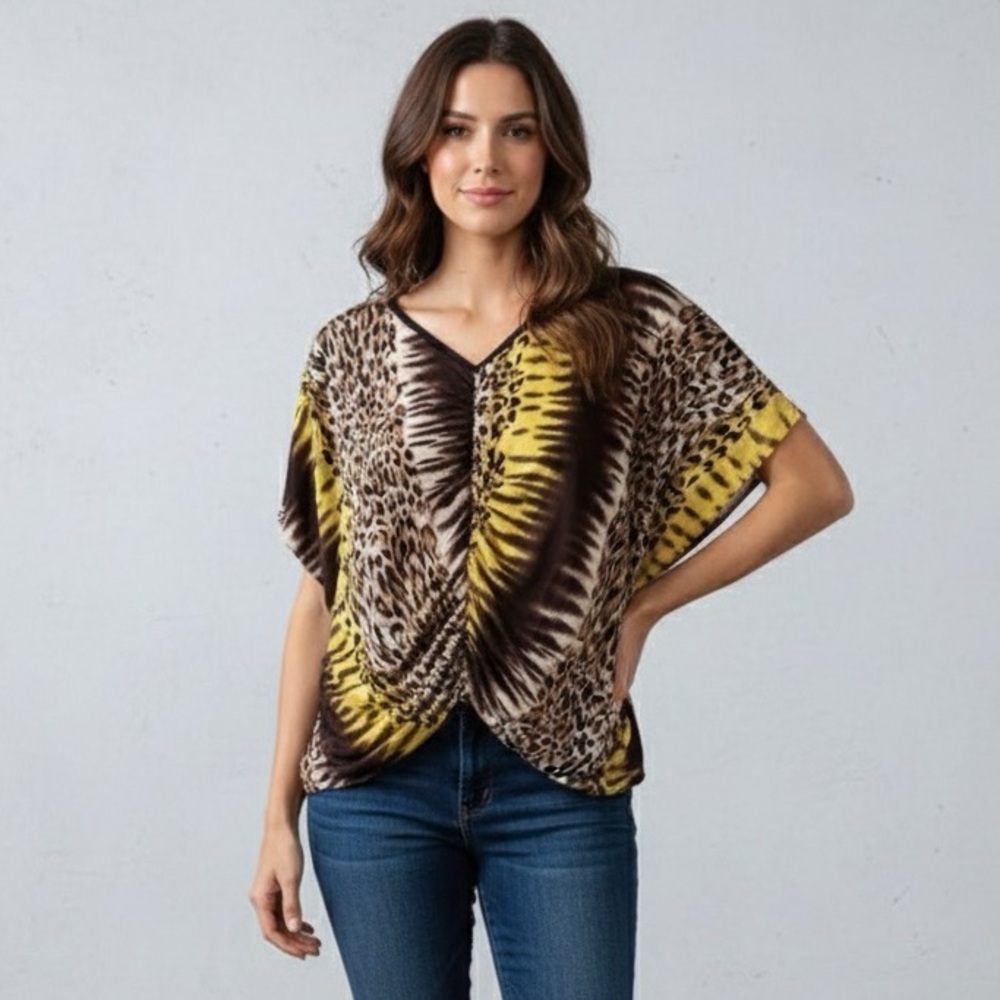 Wayan Animal Print Blouse, Scrunched Elasticized Front and Sides, OS